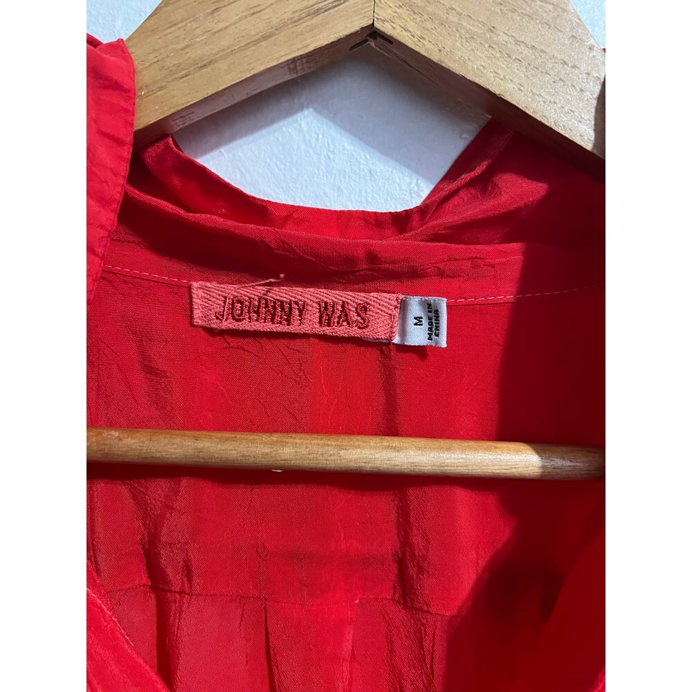 Johnny Was Shirt Medium Button Down Embroidered HUmming Bird Flowers Boho Red - Picture 2 of 8